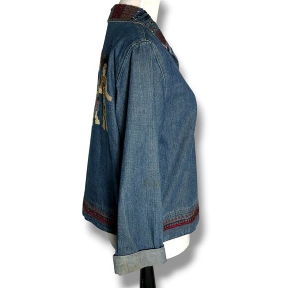 Chico’s Bomber Jacket Friends Beaded Embroidered Appliques Denim Blue Small - Picture 6 of 16
